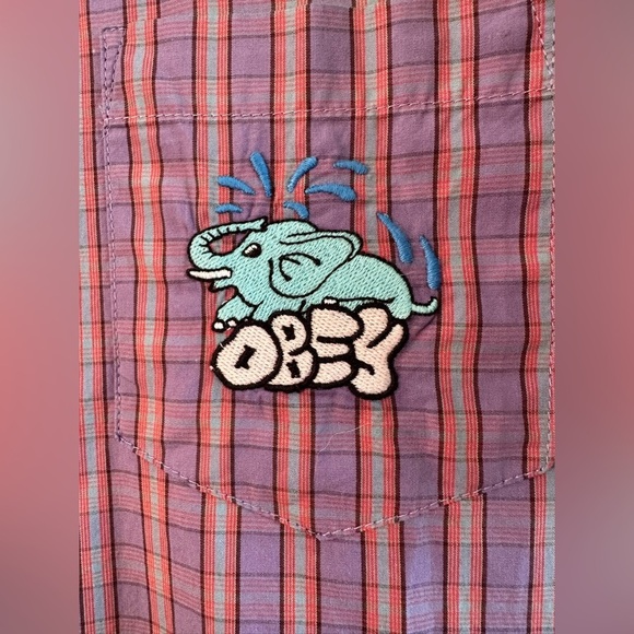 OBEY Men LG Gavin Woven Lavender Multi 100% Organic Cotton Short Sleeve Elephant - Picture 5 of 13
